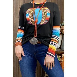 Serape/leopard pumpkin printed long-sleeved top